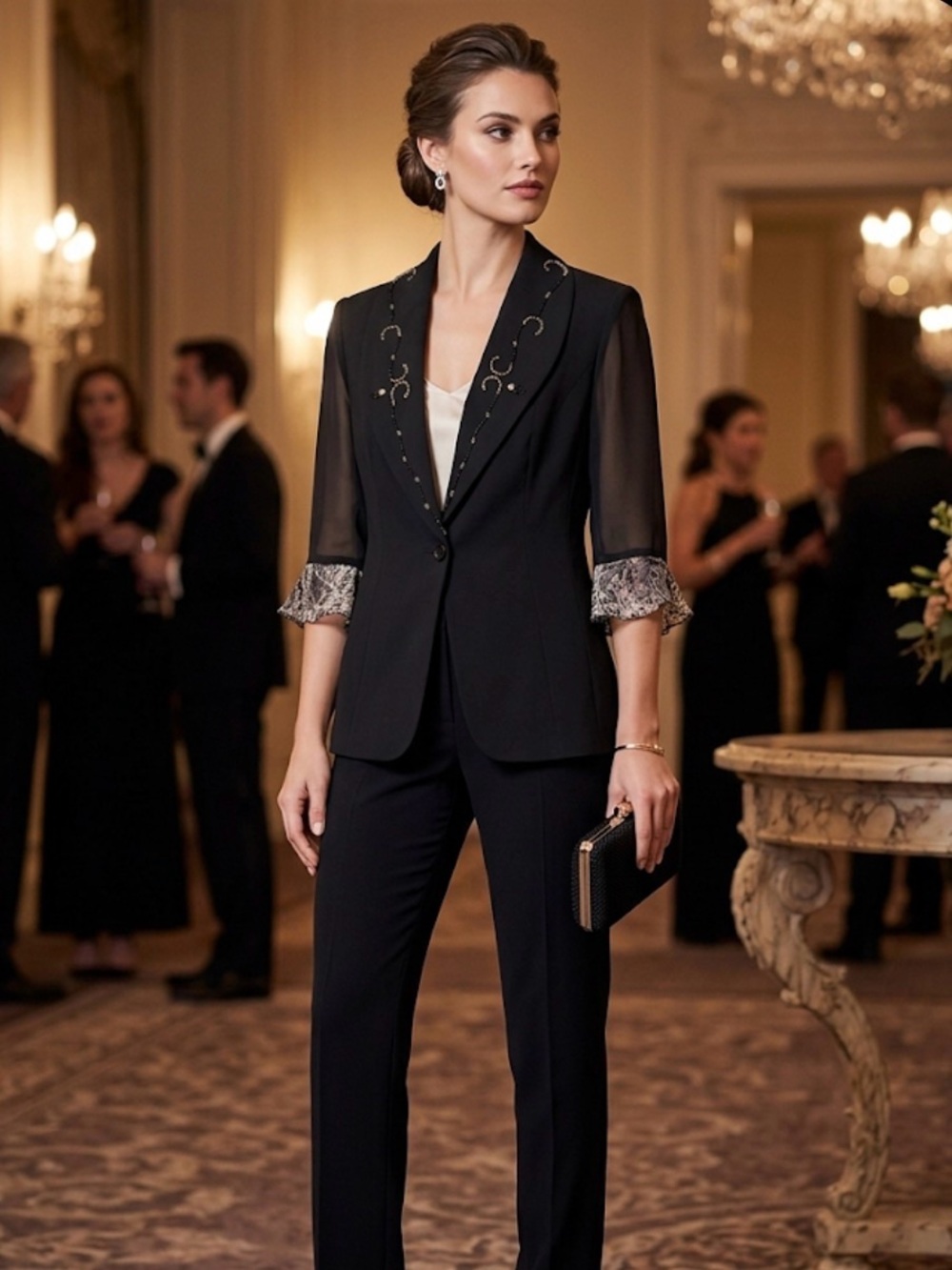 Elegance Black Beaded Lapel Jacket with Printed Sleeve Ruffles